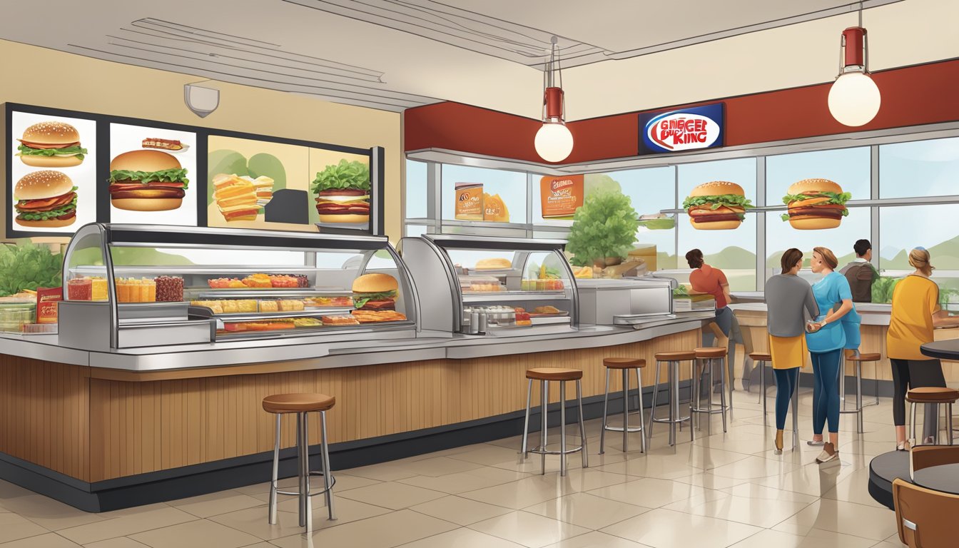 A busy Burger King breakfast counter with a variety of healthy options displayed prominently alongside classic menu items