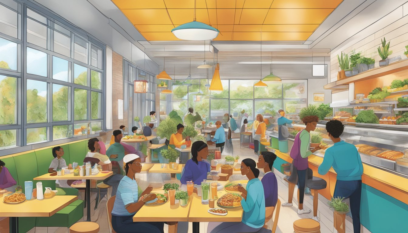 A bustling breakfast scene at BK, with colorful, plant-based options and innovative, health-conscious menu items on display