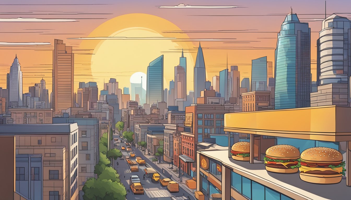 A bustling city skyline with various fast-food restaurants, including Burger King, and a sunrise in the background symbolizing the future of breakfast competition