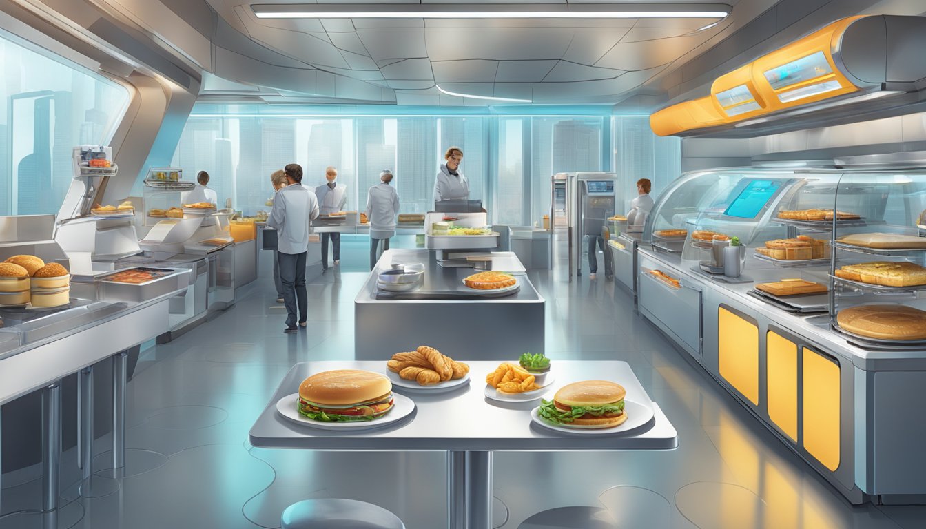 A futuristic breakfast scene with digital menus, automated ordering kiosks, and robotic food preparation