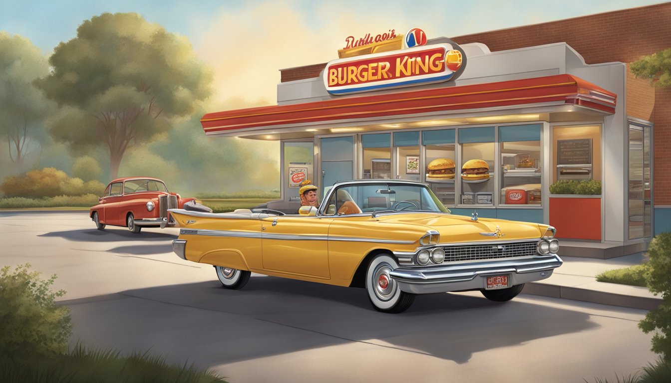 A vintage Burger King drive-thru with a classic car ordering breakfast items from the menu board