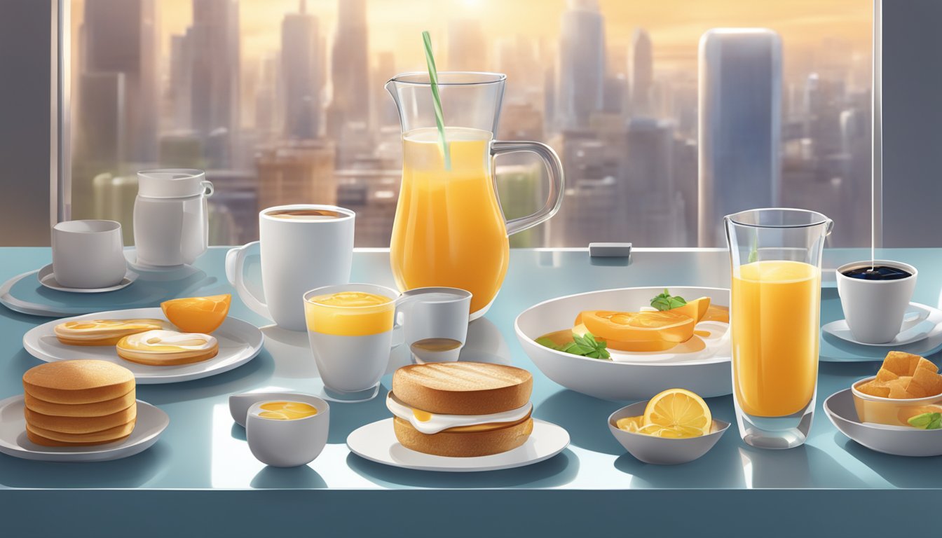 A futuristic breakfast scene with innovative beverage enhancements and modern technology