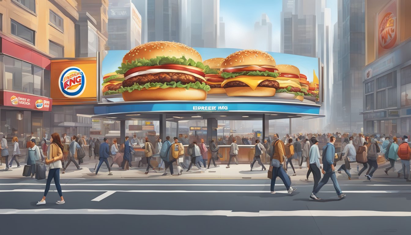 A bustling morning city street with a modern Burger King breakfast billboard towering above, surrounded by busy commuters and a sense of anticipation