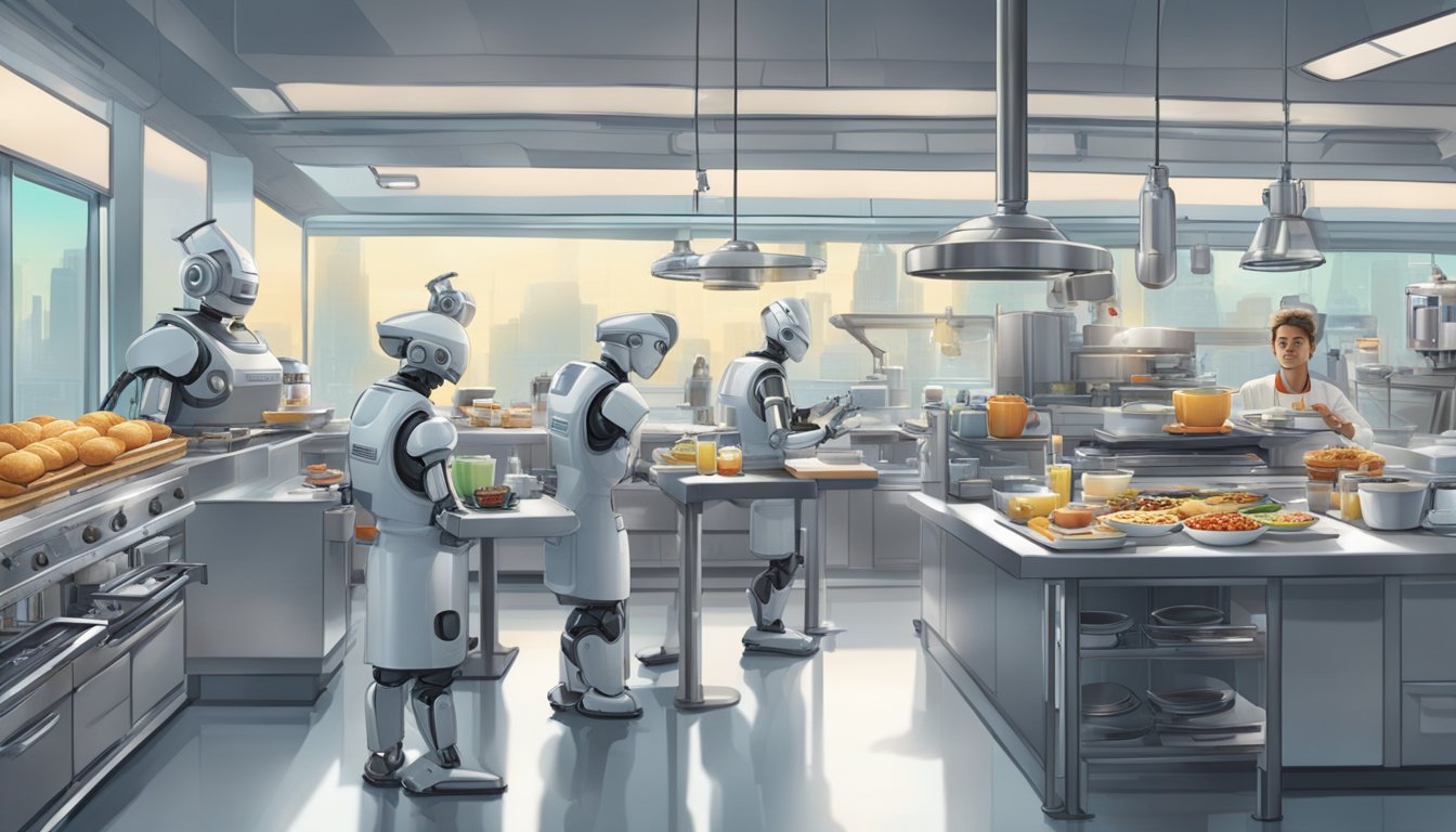 A bustling futuristic BK breakfast scene with robot chefs and high-tech food preparation equipment