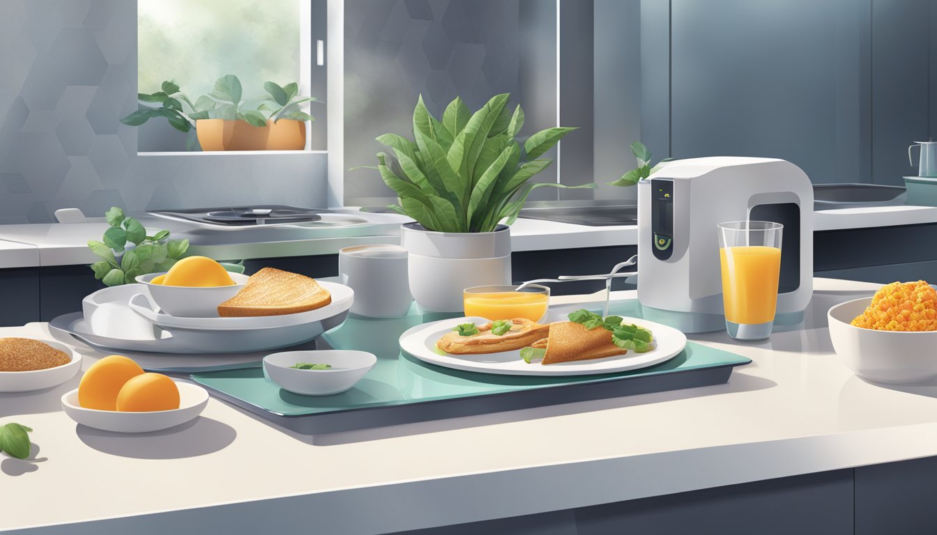 A futuristic breakfast scene with sleek, minimalist design, featuring plant-based options and high-tech cooking equipment