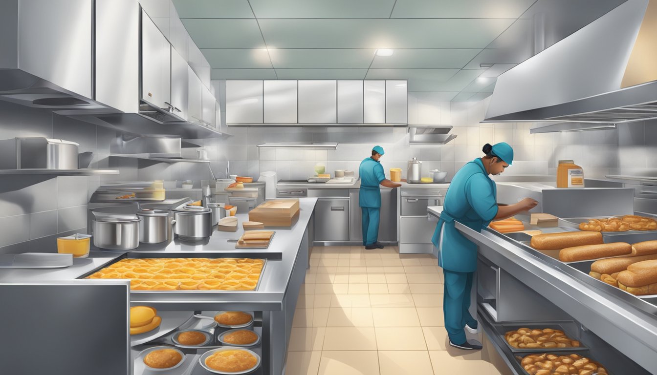 A fast-food worker efficiently prepares and packages breakfast items in a busy, organized kitchen