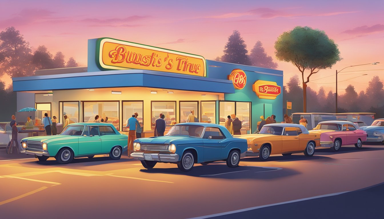 A bustling drive-thru line at BK's Breakfast, with cars waiting under colorful signage and the sun rising in the background