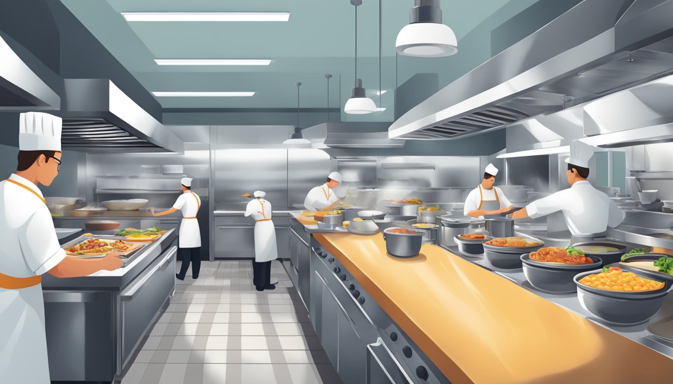 A bustling fast-food kitchen with cooks preparing fresh breakfast items while maintaining efficiency and attention to detail