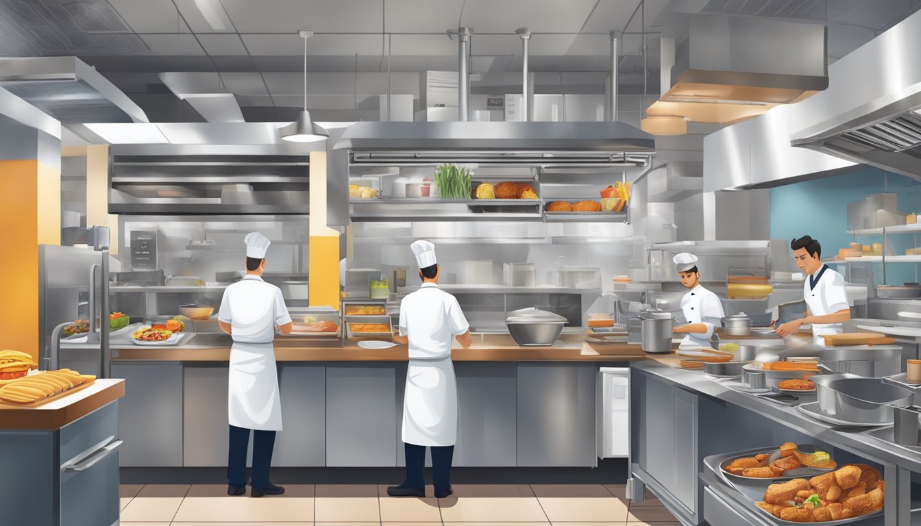 A bustling fast-food kitchen, with chefs preparing breakfast items and assembling orders with precision and speed