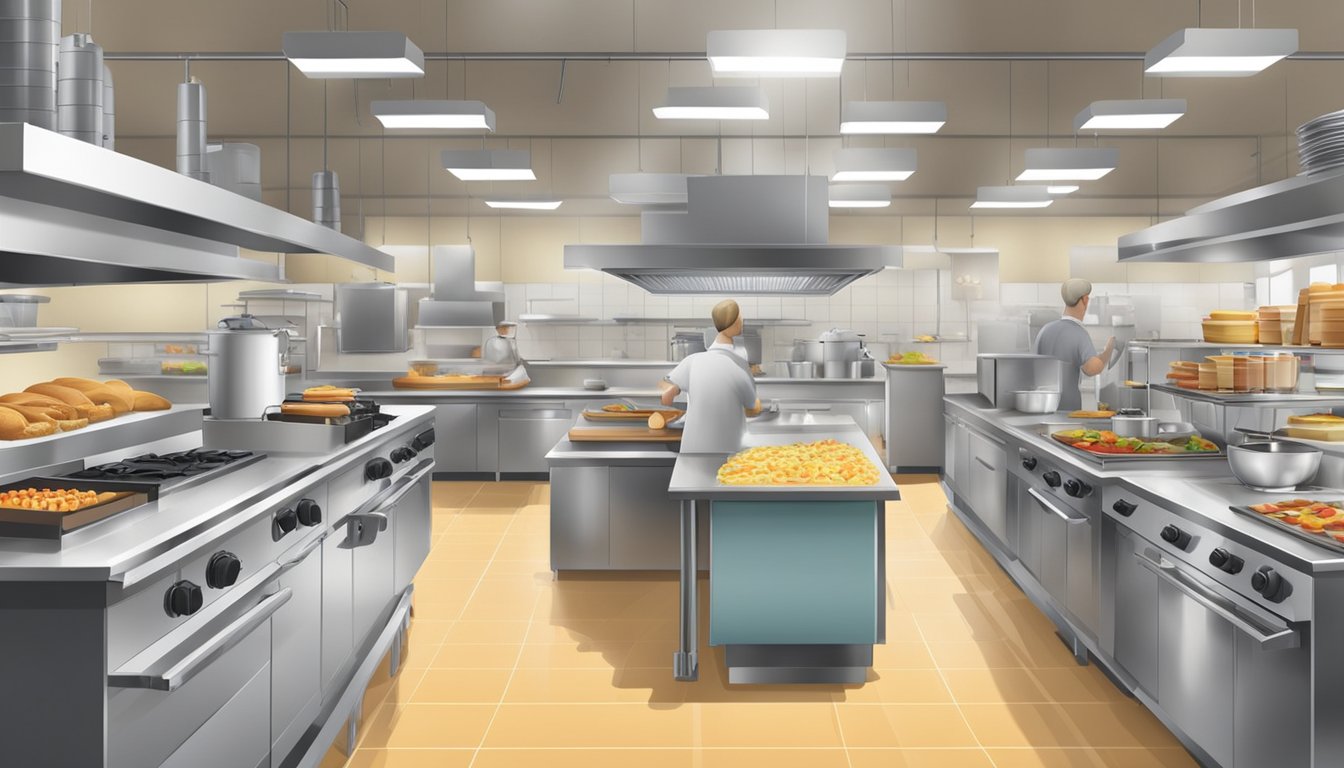 A busy fast-food kitchen with a focus on efficiency and attention to detail. Multiple stations for cooking, assembling, and packaging breakfast items