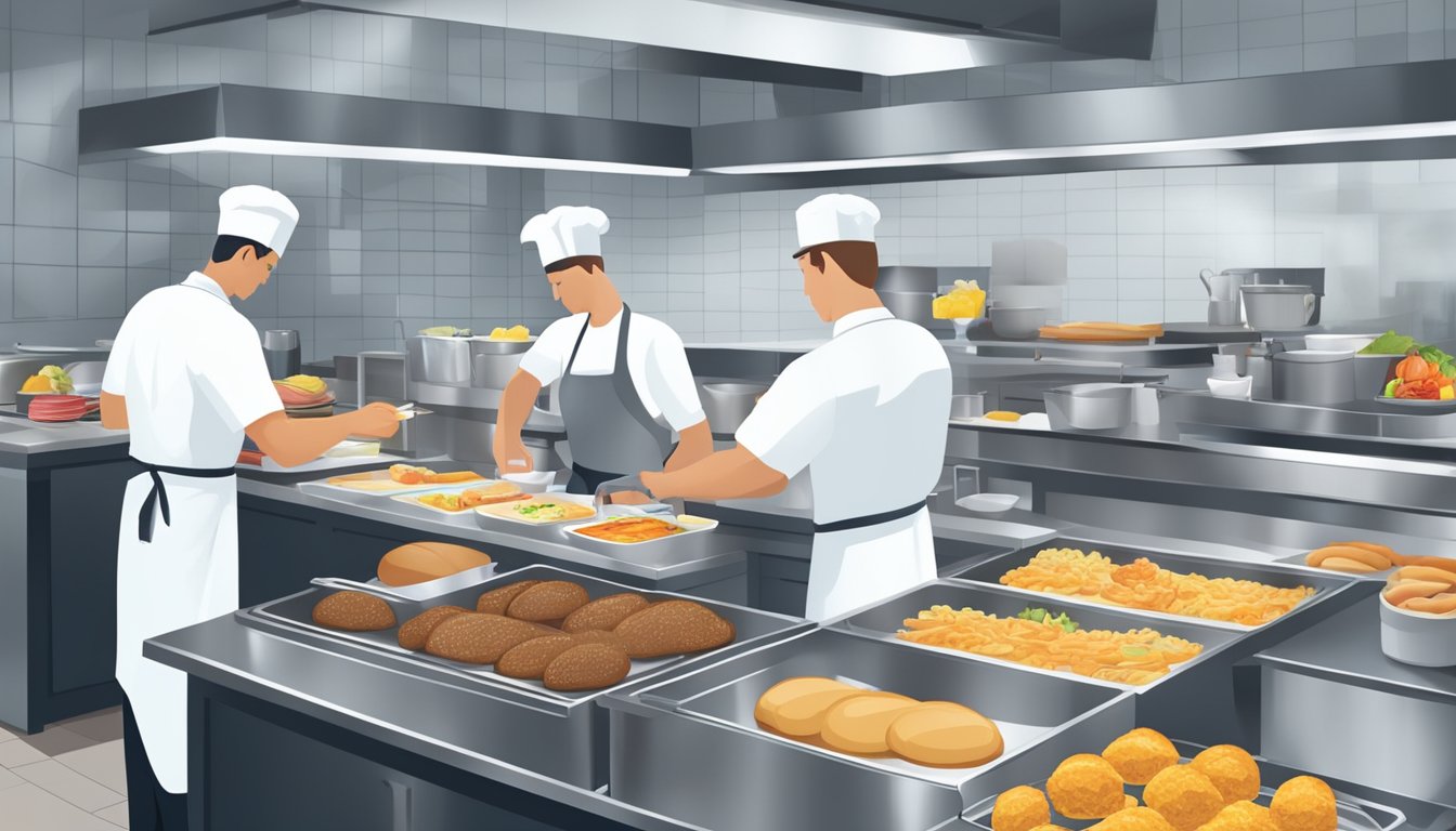 A bustling fast food kitchen with cooks preparing breakfast items while maintaining high quality and efficiency