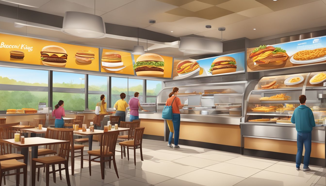 A bustling Burger King restaurant with a diverse array of breakfast items on display, from classic bacon and eggs to innovative breakfast sandwiches and wraps