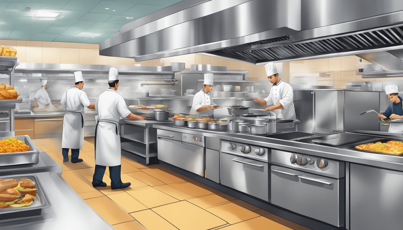 A bustling fast-food kitchen with chefs preparing breakfast items efficiently while maintaining high quality standards