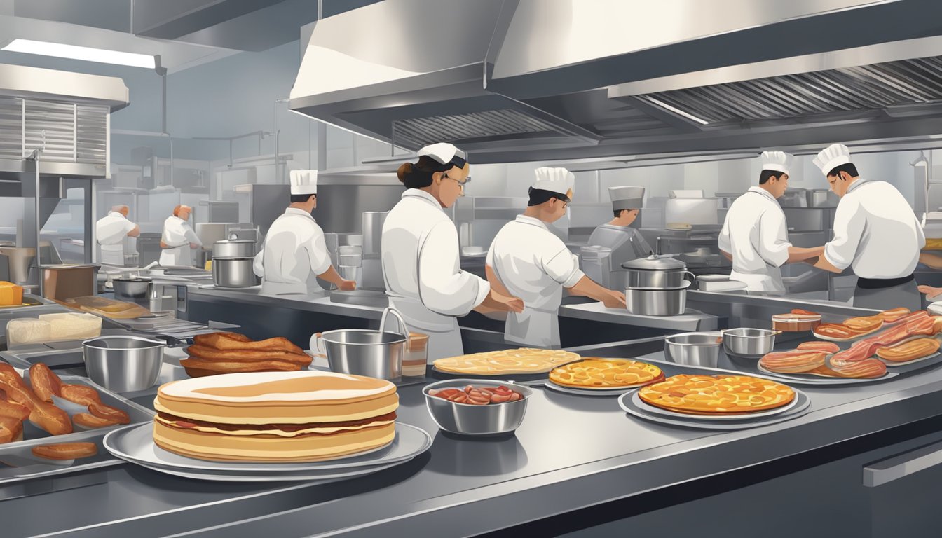 A bustling fast-food restaurant kitchen with chefs preparing a variety of breakfast items, including pancakes, eggs, and bacon, while staff members efficiently manage the morning rush