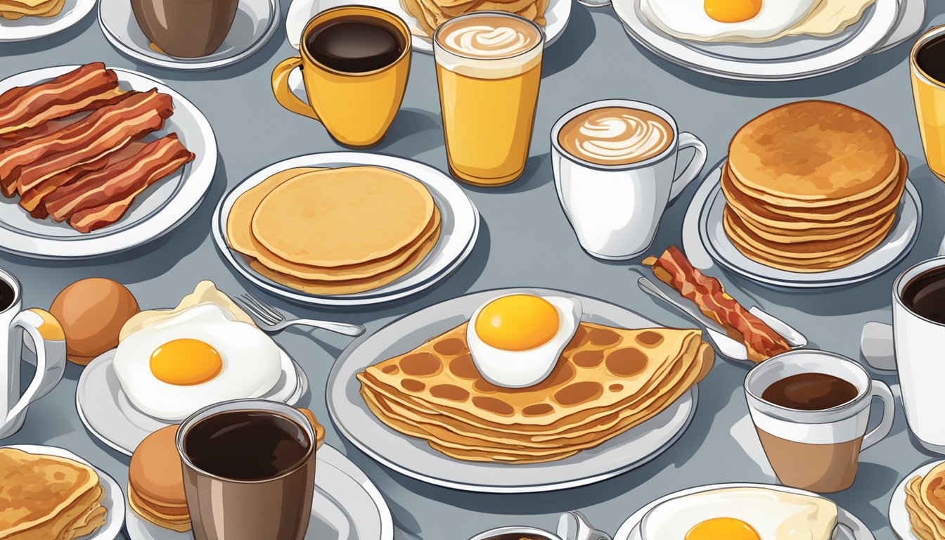 A table set with classic American breakfast items: pancakes, eggs, bacon, and coffee, reflecting the diverse consumer habits and breakfast patterns in the United States