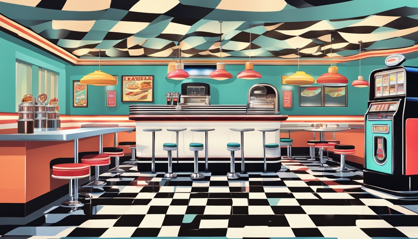 A retro-style diner with a vintage jukebox, checkered floors, and neon signs. A display of classic breakfast items like pancakes and milkshakes