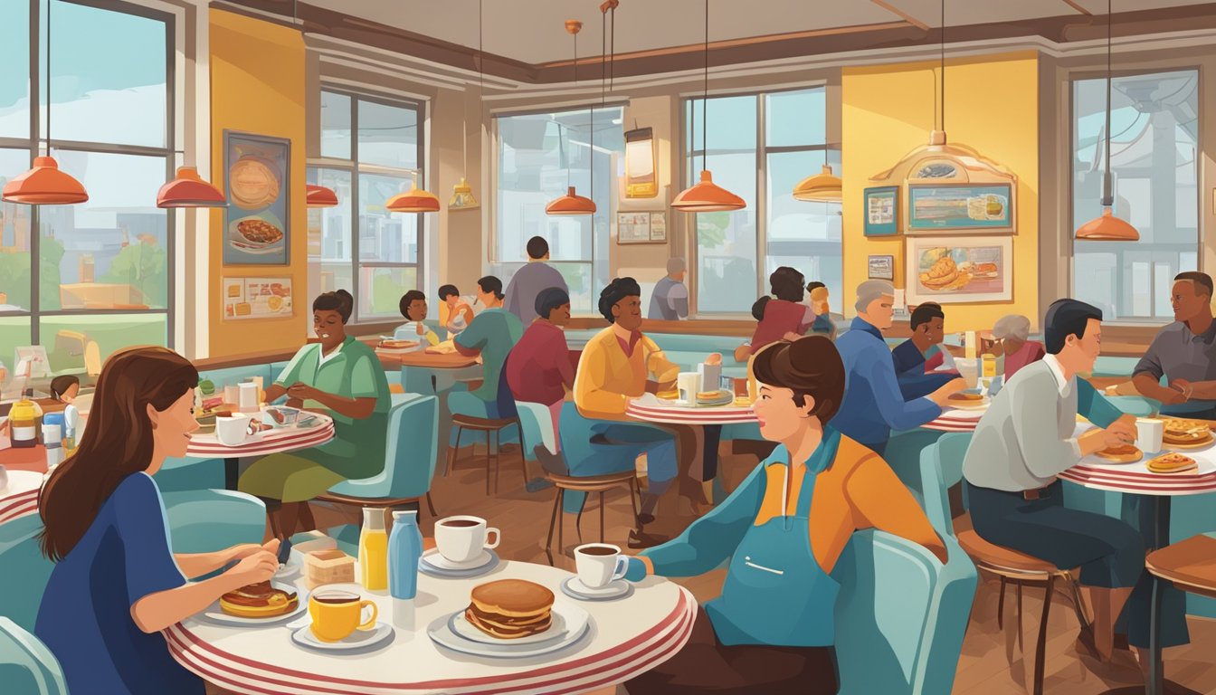 A bustling diner with a colorful display of classic American breakfast items, including pancakes, bacon, eggs, and coffee. Tables are filled with diverse patrons enjoying their meals