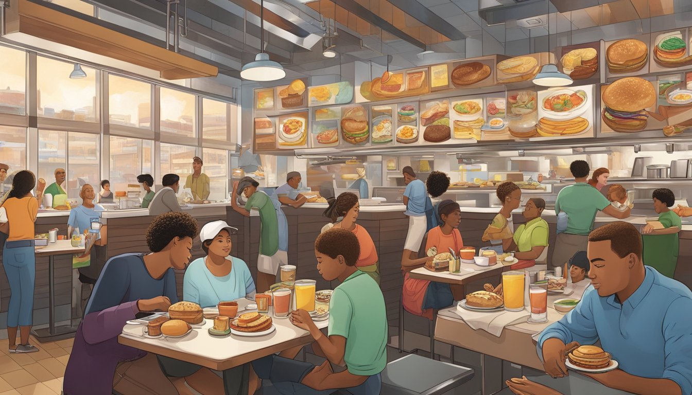 A bustling breakfast scene at a BK restaurant, with a diverse array of food items on display. The atmosphere is lively, reflecting the diverse and evolving American food culture