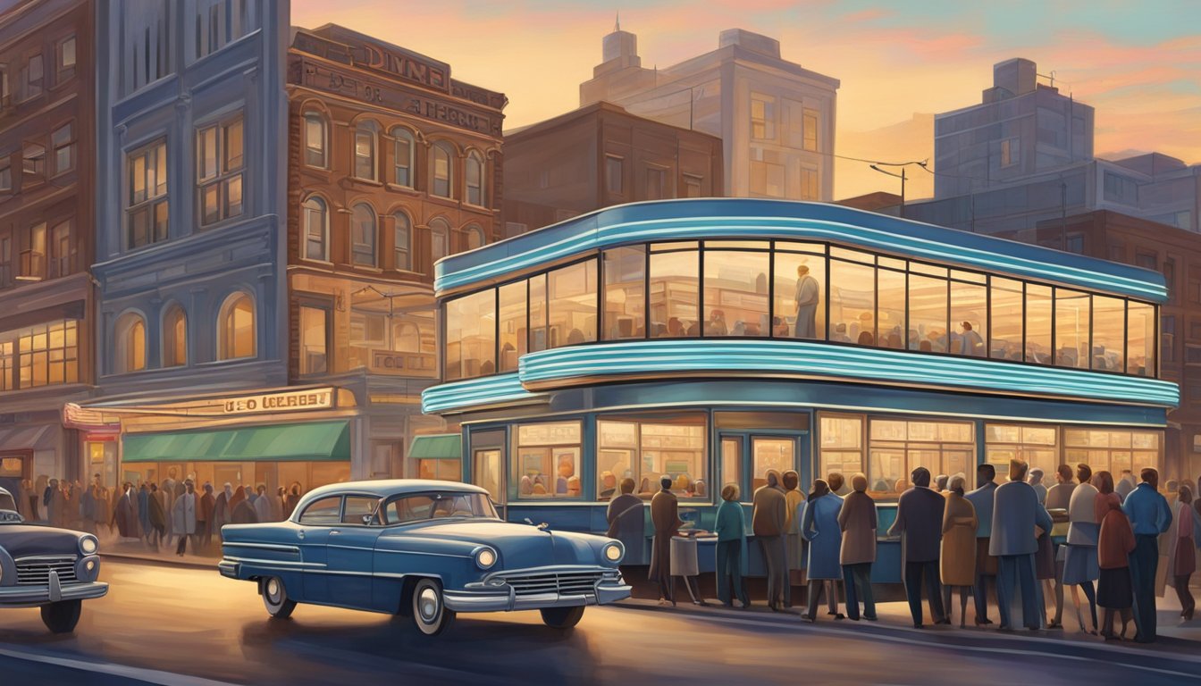 A vintage diner sign illuminates a bustling city street at dawn, drawing in a diverse crowd of morning commuters