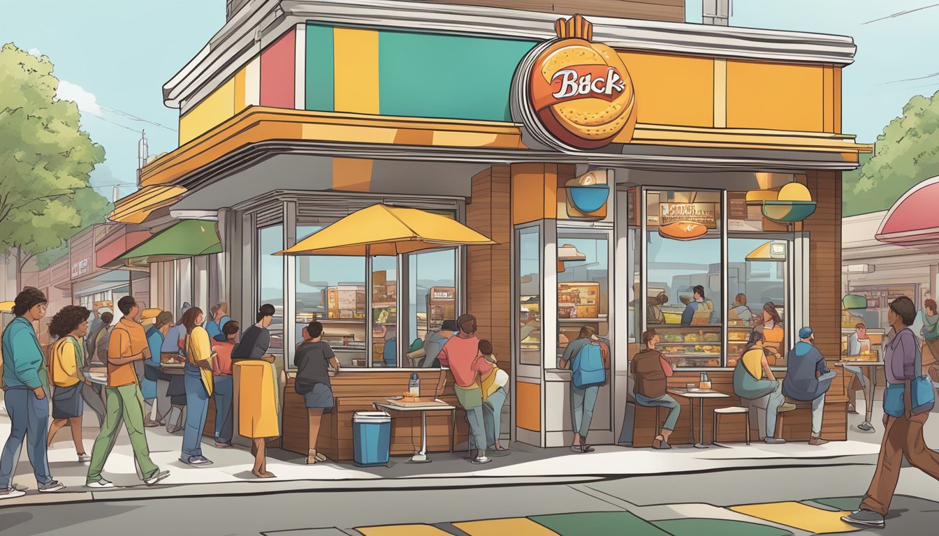 A bustling fast food restaurant with a line of customers, iconic BK logo, and breakfast menu items prominently displayed