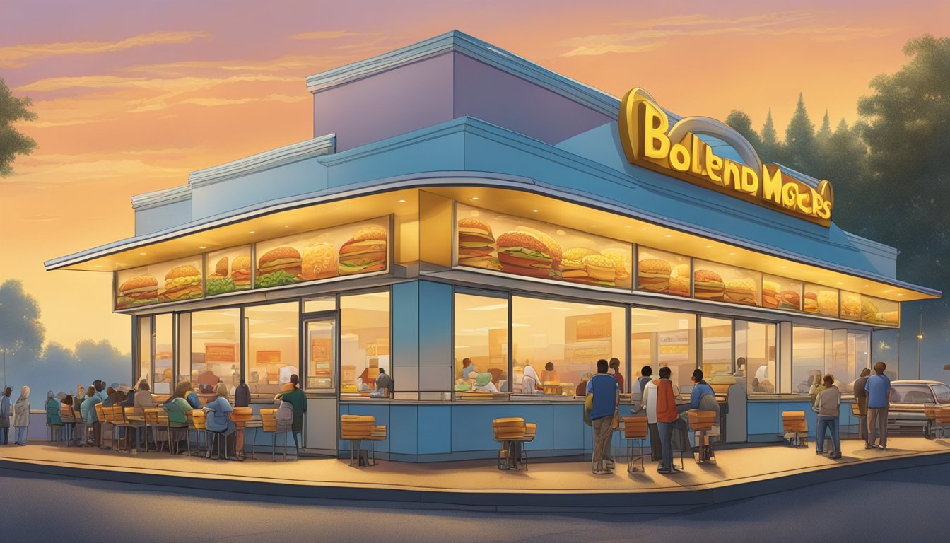 A bustling fast food restaurant at dawn, with a line of customers eagerly waiting for the iconic breakfast offerings of BK. The golden arches of the restaurant stand out against the early morning sky