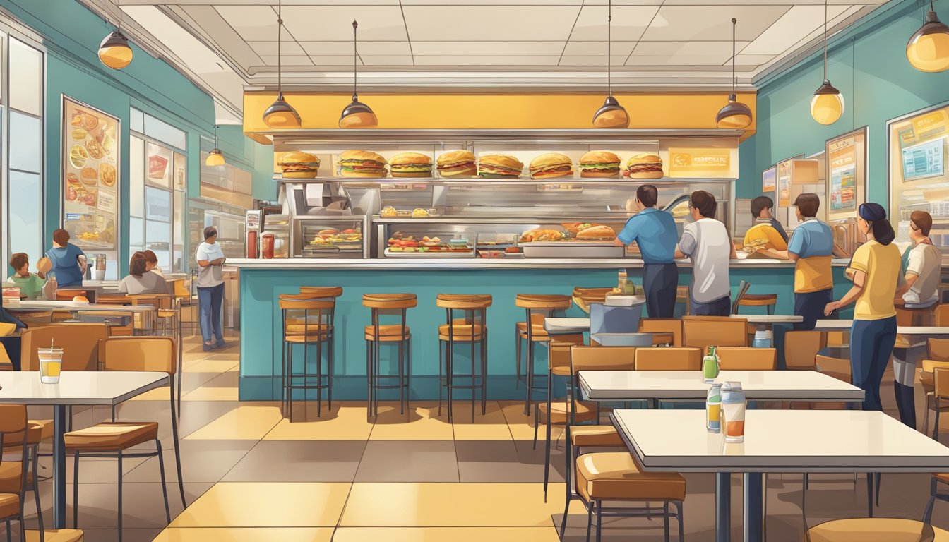 A bustling fast food restaurant with a prominent breakfast menu, surrounded by competing chains