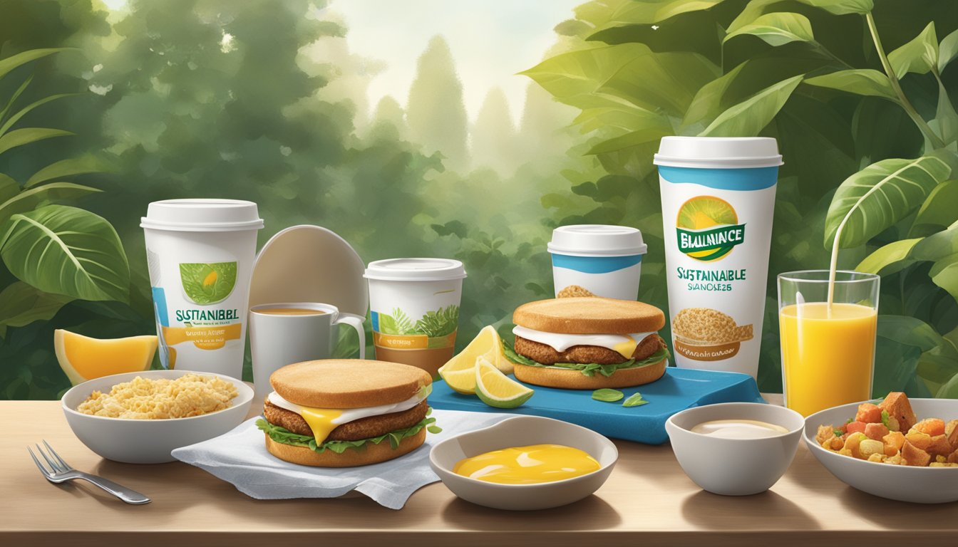 A breakfast scene with BK's sustainable packaging, featuring a balance of convenience and eco-friendly materials, set against a backdrop of natural elements like trees and plants