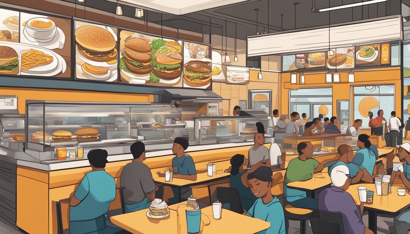 A bustling fast food restaurant with iconic BK breakfast items on display, surrounded by diverse customers enjoying their meals