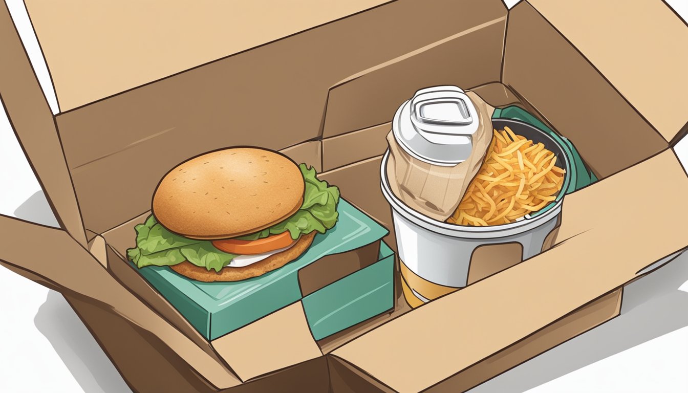 A person opens a recyclable cardboard box to reveal a neatly organized breakfast sandwich, hash browns, and a hot coffee cup with a compostable lid