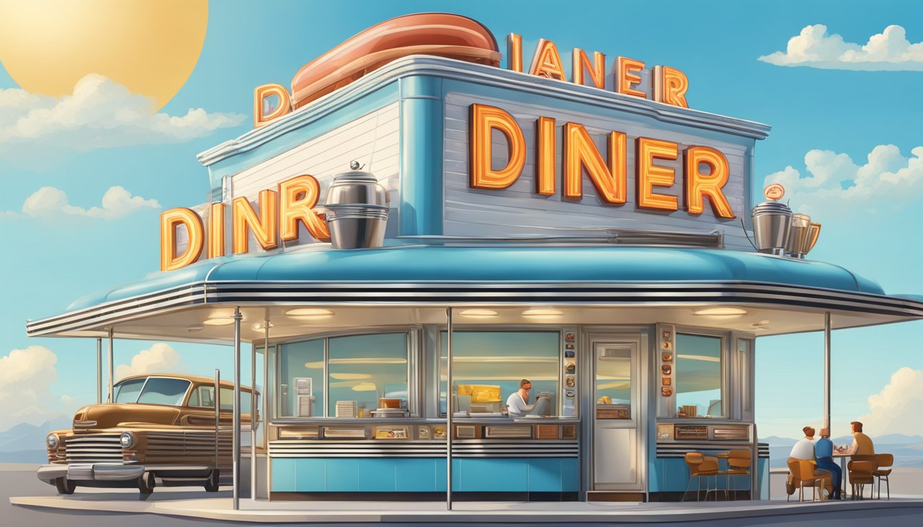 A vintage diner sign stands tall against a blue sky, with a bustling breakfast scene inside