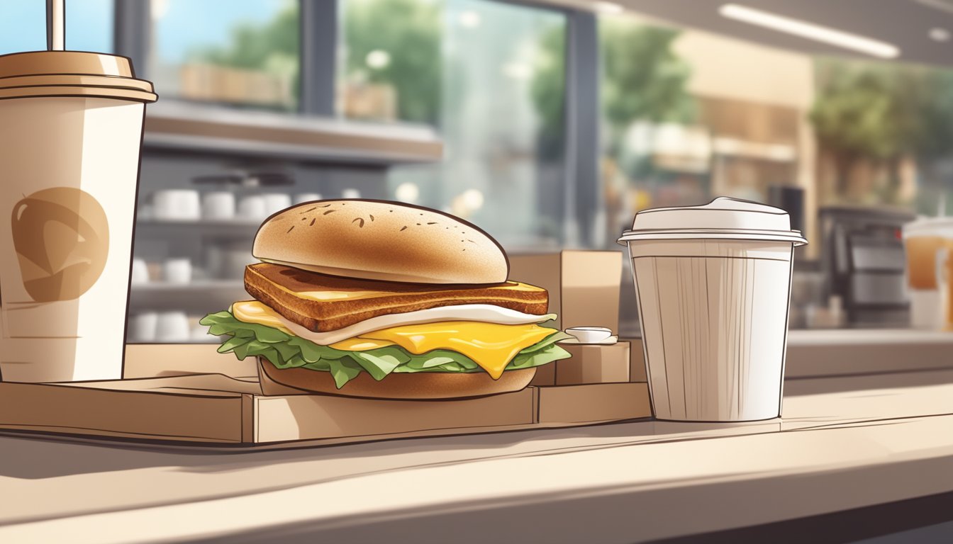 A breakfast sandwich and coffee nestled in eco-friendly packaging on a bustling fast food counter