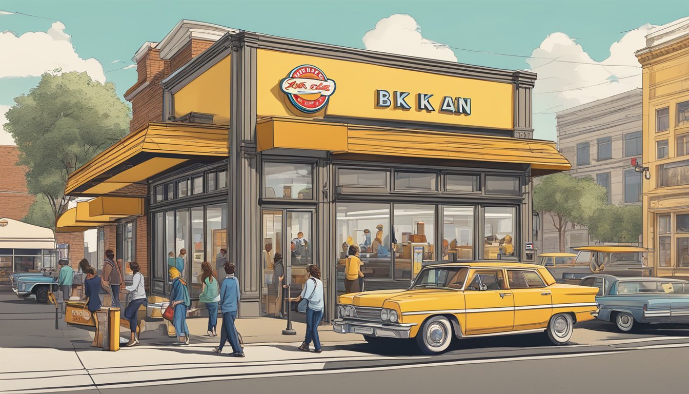 A bustling fast food restaurant with iconic breakfast items on the menu, a line of customers, and a vintage BK logo on the building