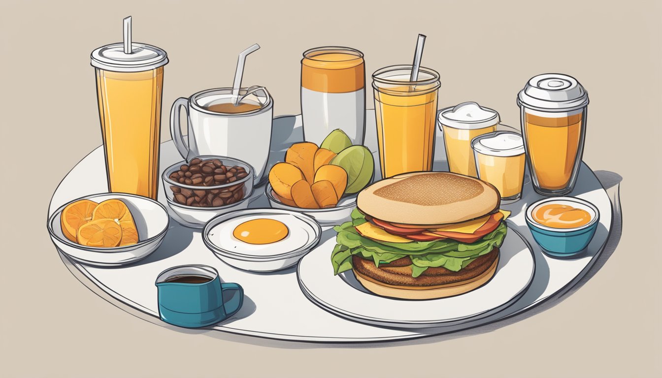 A breakfast table with BK's packaging: a mix of convenient, sustainable materials. Juice, coffee, and food items arranged neatly