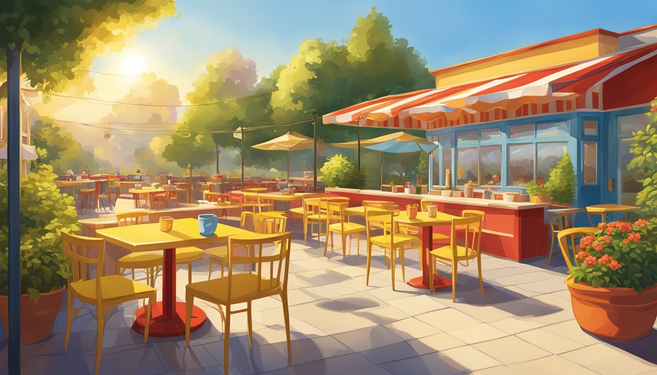 A sunny morning scene with a bright blue sky, a lush green landscape, and a warm yellow sun rising over a welcoming red and white BK breakfast restaurant