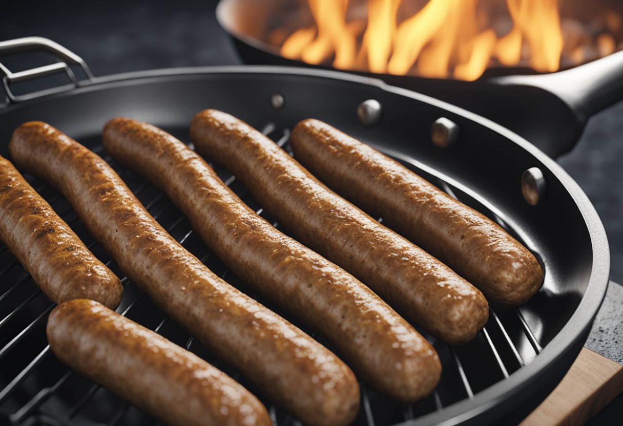 A sizzling low sodium sausage cooking on a hot skillet