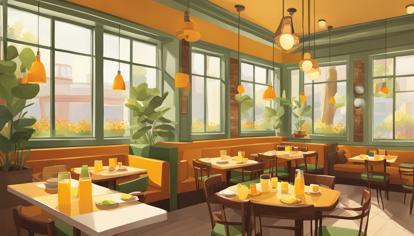 A breakfast restaurant with a warm, inviting color scheme. A mix of yellow and orange hues dominate the space, with accents of green and brown to evoke a sense of comfort and energy