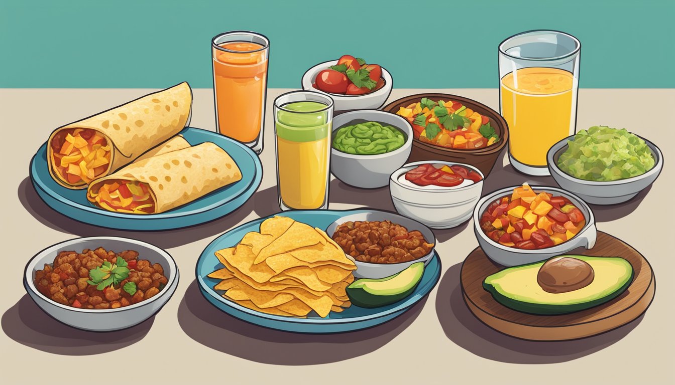 A colorful spread of breakfast items, including breakfast burritos, tacos, and hash browns, with Mexican-inspired ingredients like chorizo, salsa, and avocado