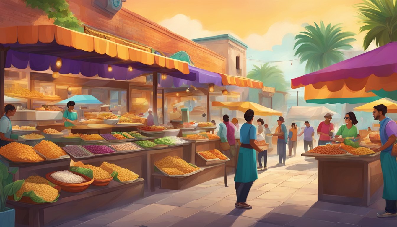 A colorful Mexican marketplace with traditional food vendors and vibrant ingredients, showcasing the influence of Mexican cuisine on Taco Bell's breakfast offerings