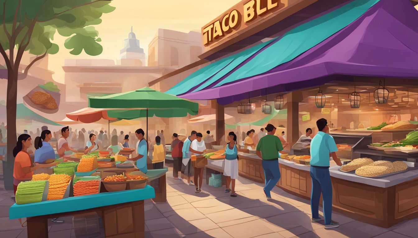 A bustling Mexican marketplace with colorful ingredients and traditional cooking utensils, surrounded by the modern architecture of a Taco Bell restaurant