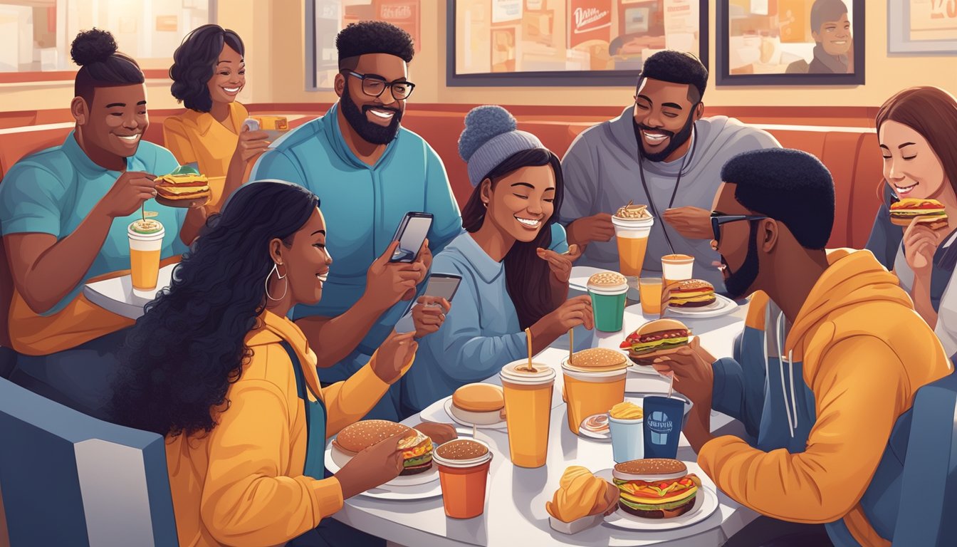 A group of diverse individuals engaging with social media platforms while enjoying breakfast at a Burger King restaurant