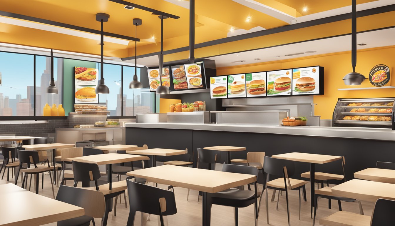 A modern fast food restaurant with sleek design and strategic advertising displays showcasing BK's breakfast offerings