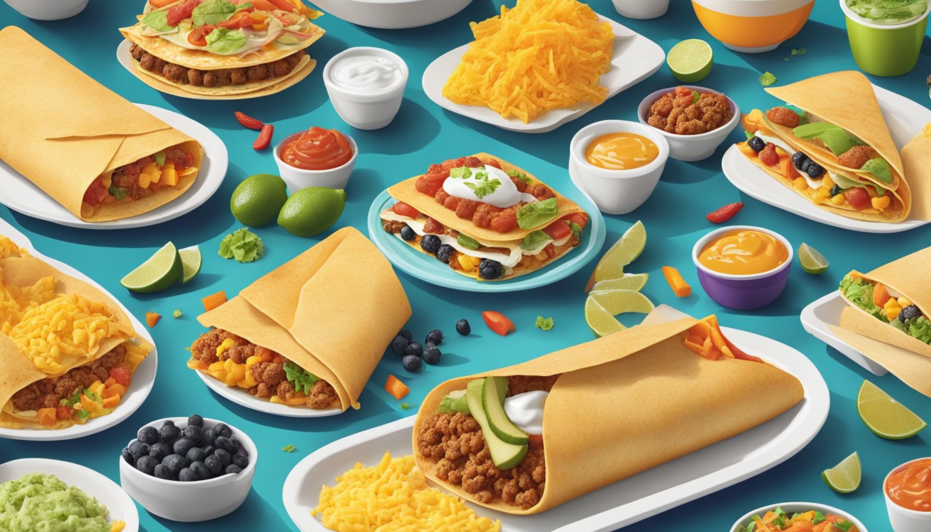 A colorful array of Mexican breakfast ingredients and spices arranged around Taco Bell's breakfast menu items, showcasing the fusion of traditional flavors with innovative offerings