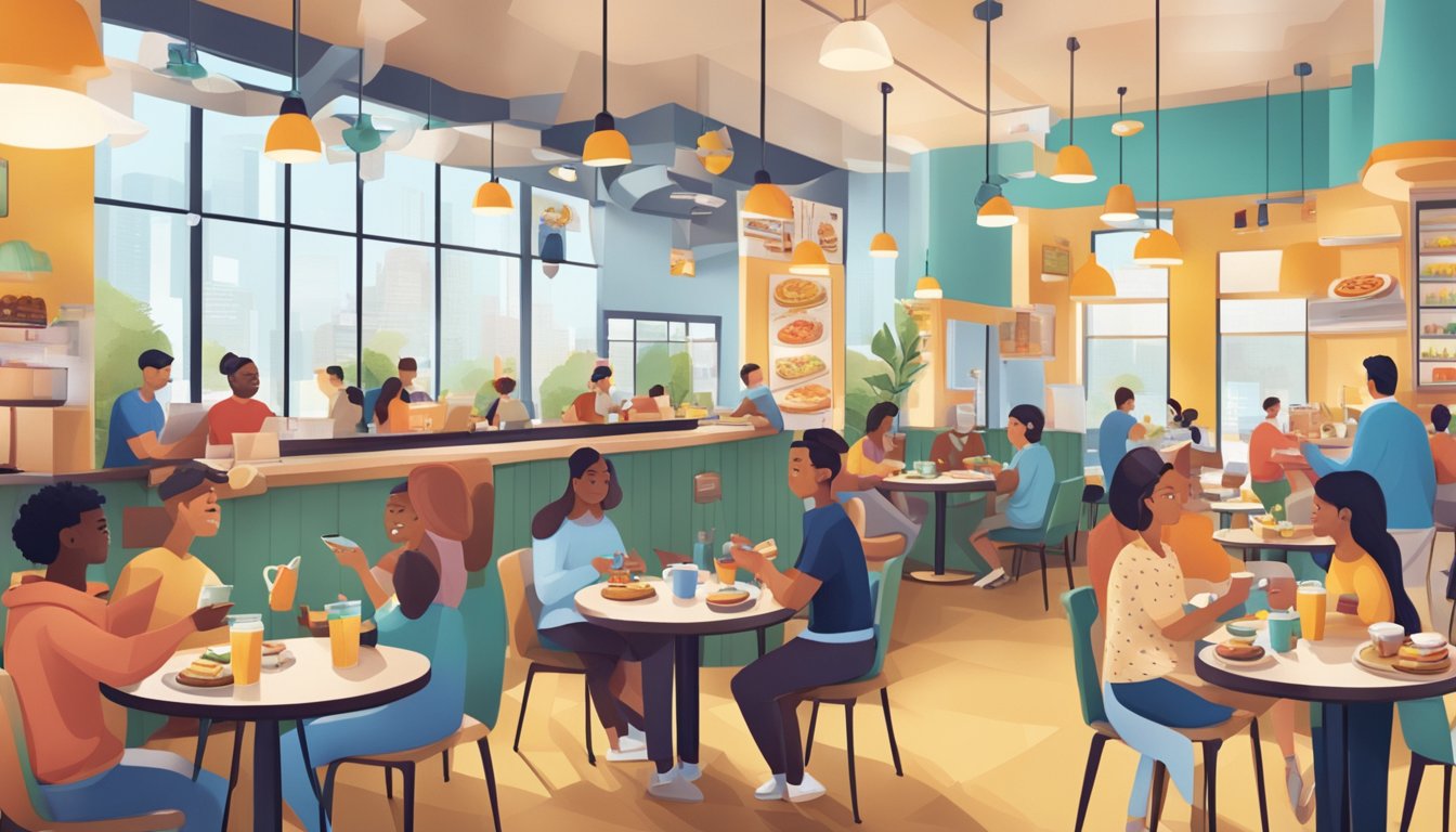 A bustling breakfast restaurant with people interacting on social media, showcasing the promotion of BK's breakfast items. Tables filled with customers enjoying their meals while engaging with their smartphones