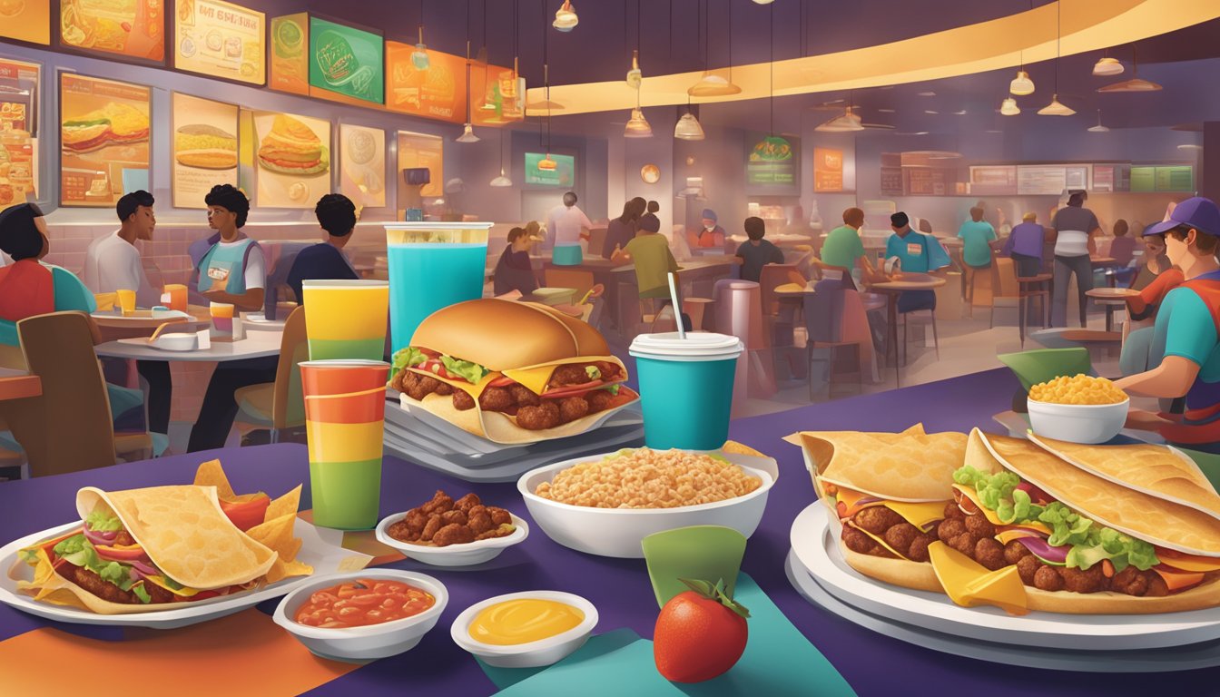 A bustling breakfast scene at Taco Bell, with colorful Mexican-inspired dishes and drinks set against a backdrop of competing fast food chains