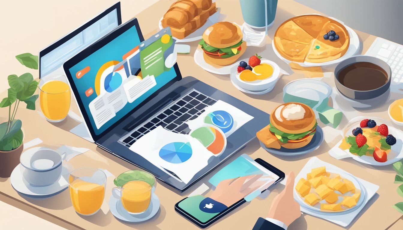 A table with a steaming plate of breakfast food, surrounded by a smartphone displaying engaging social media posts and a laptop with analytics charts