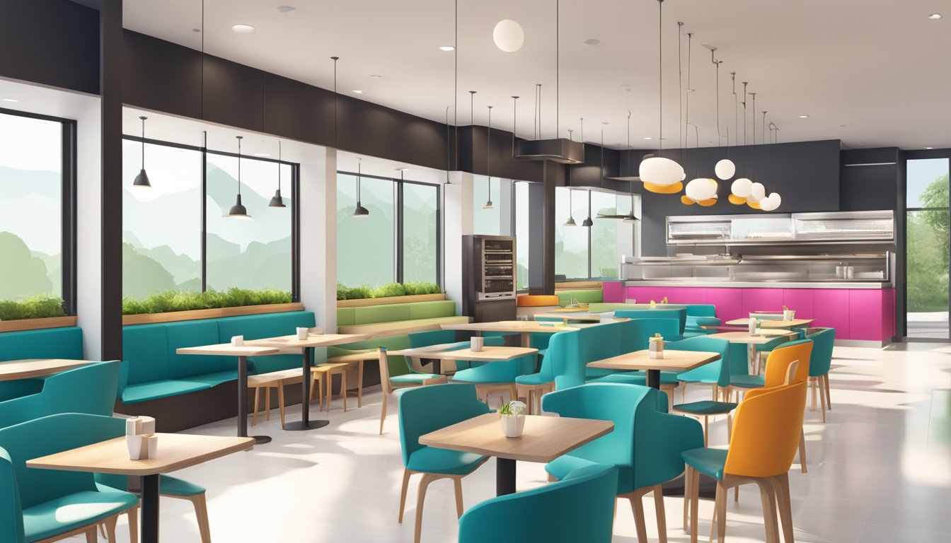 A modern fast-food restaurant with sleek, minimalist furniture and a vibrant color scheme. Open kitchen and self-service kiosks. Large windows allow natural light