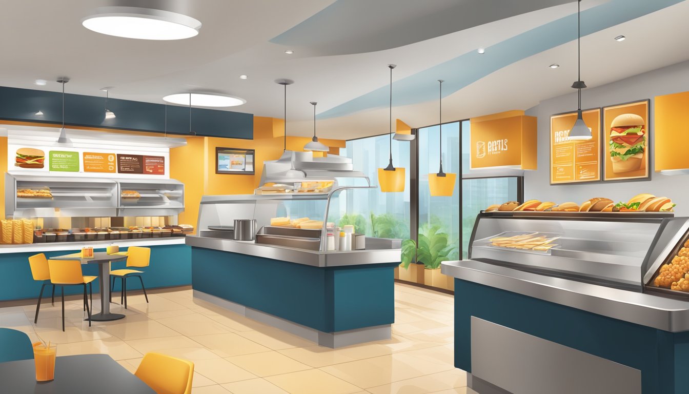 A modern fast food restaurant with a sleek, efficient layout and a focus on breakfast items. The franchise model is evident in the uniform design and operational strategies