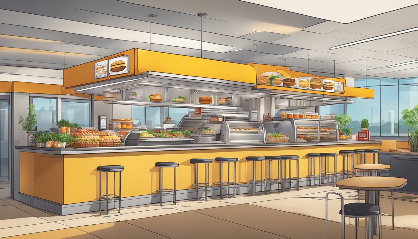 A bustling fast food restaurant with modern, sleek design, featuring a mix of challenges and revival efforts in its evolution