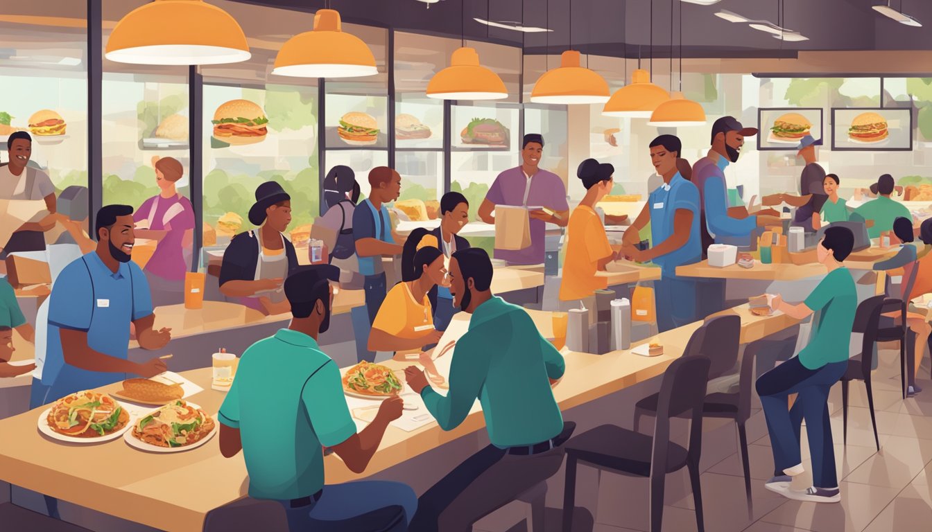 A bustling Taco Bell breakfast rush, with customers enjoying their favorite menu items and giving positive feedback to staff