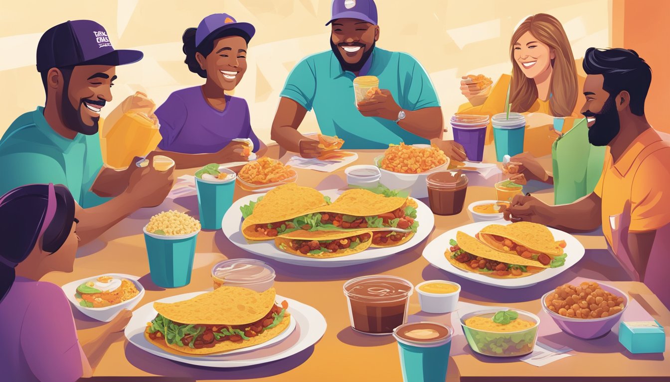 A colorful spread of Taco Bell breakfast items, surrounded by smiling faces and positive customer feedback quotes